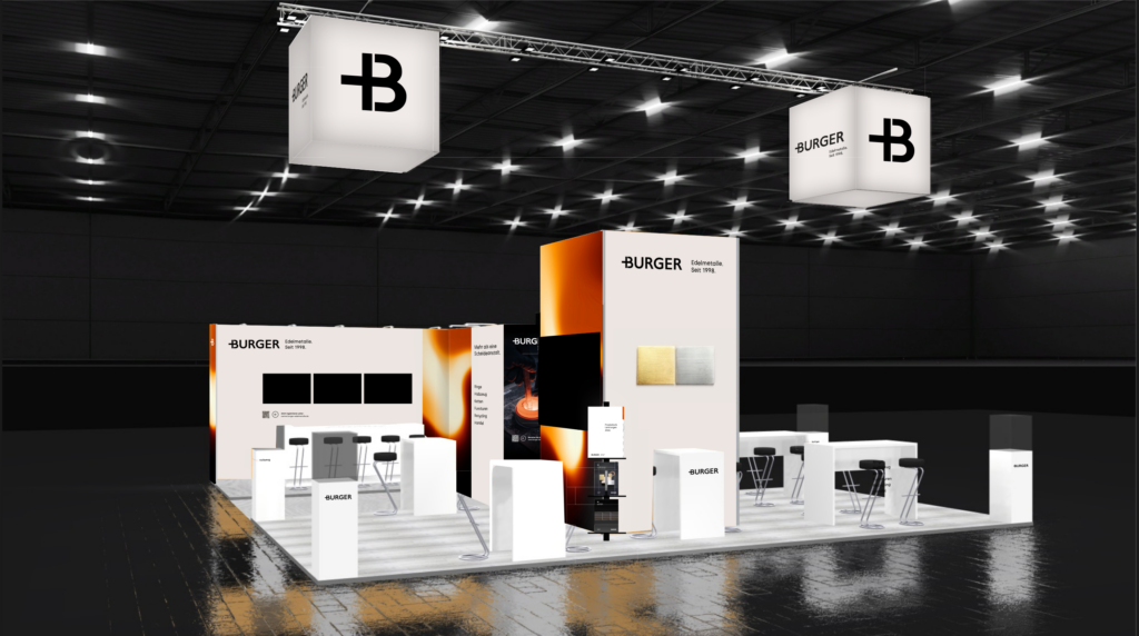 3D-Visualisierung des großzügigen Messestands von Burger Edelmetalle auf der Inhorgenta 2027 mit großem Burger-Logo, beleuchteten Displays, Präsentationsflächen und Sitzgelegenheiten. Der moderne Messestand unterstreicht den professionellen Auftritt von Burger Edelmetalle auf der wichtigsten Edelmetall- und Schmuckmesse.