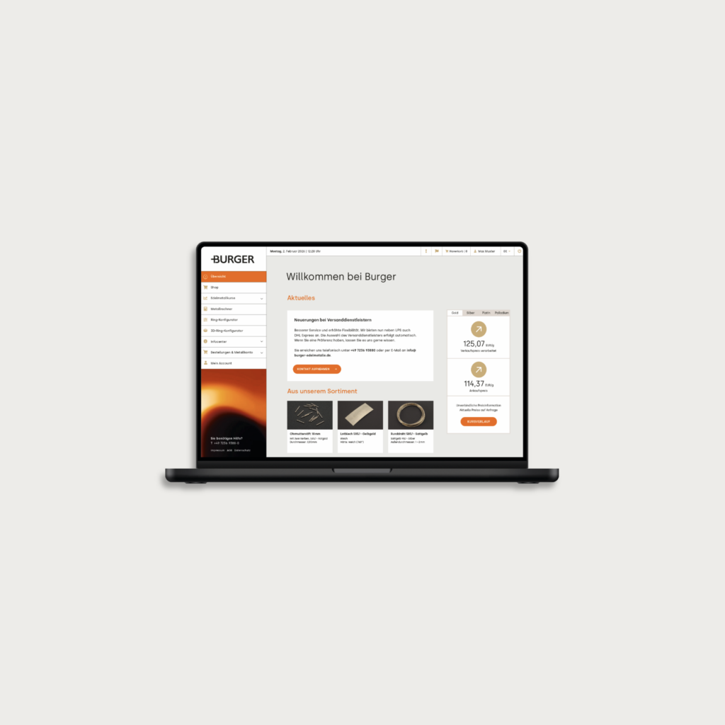 Ein Laptop zeigt das Burger Center, das Online-Kundenportal von Burger Edelmetalle, mit Dashboard, Edelmetallkursen und Produktübersicht auf dem Bildschirm. Im Burger Center können Kunden Konten verwalten, Preise abrufen und Halbzeug sowie weitere Edelmetallprodukte bestellen.