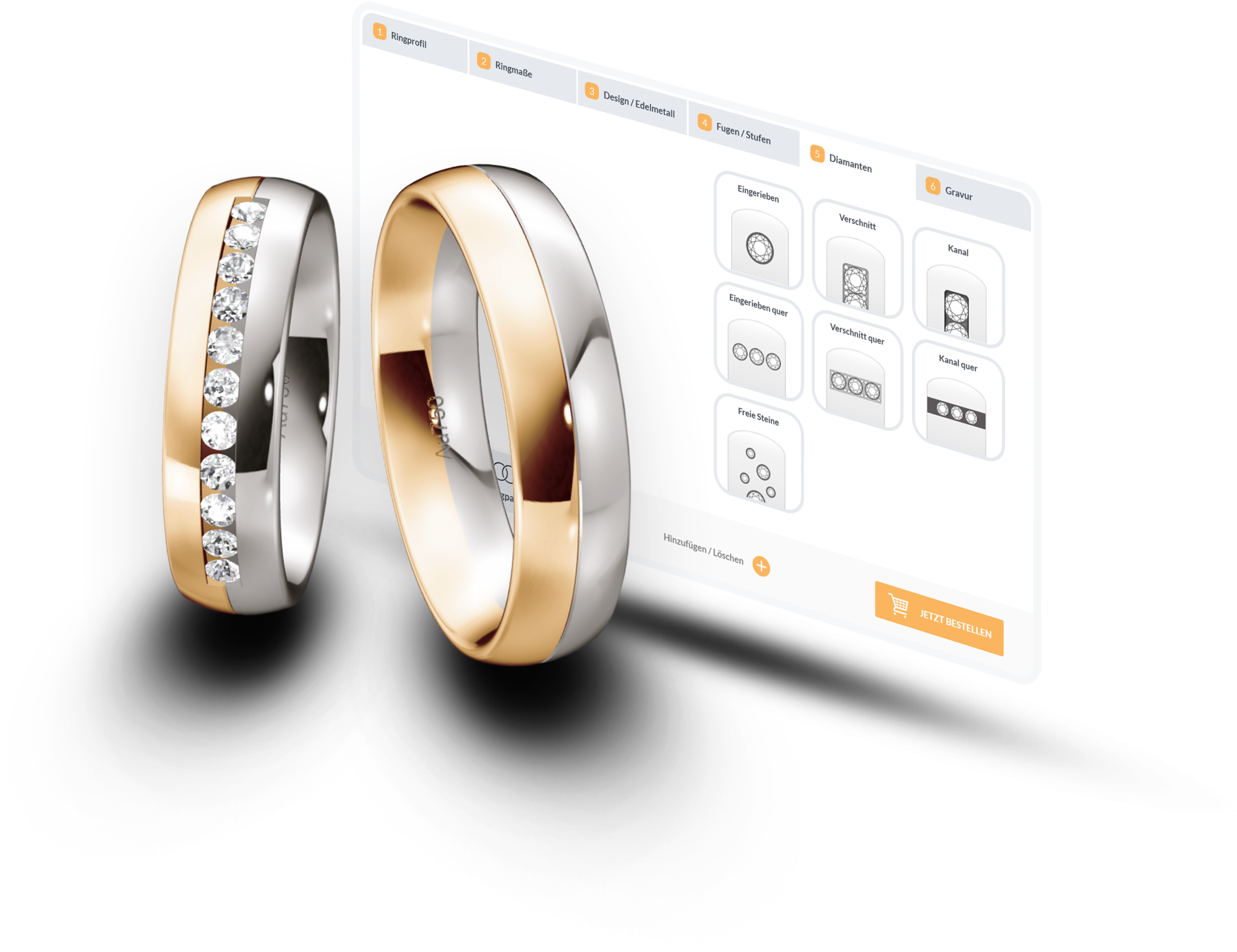 Ein Gold- und ein Silberring mit Diamantenbesatz zeigen die Möglichkeiten des Burger 3D-Ringkonfigurators. Trauringe und Ringrohlinge lassen sich damit individuell nach Legierung, Profil und Schliff konfigurieren.