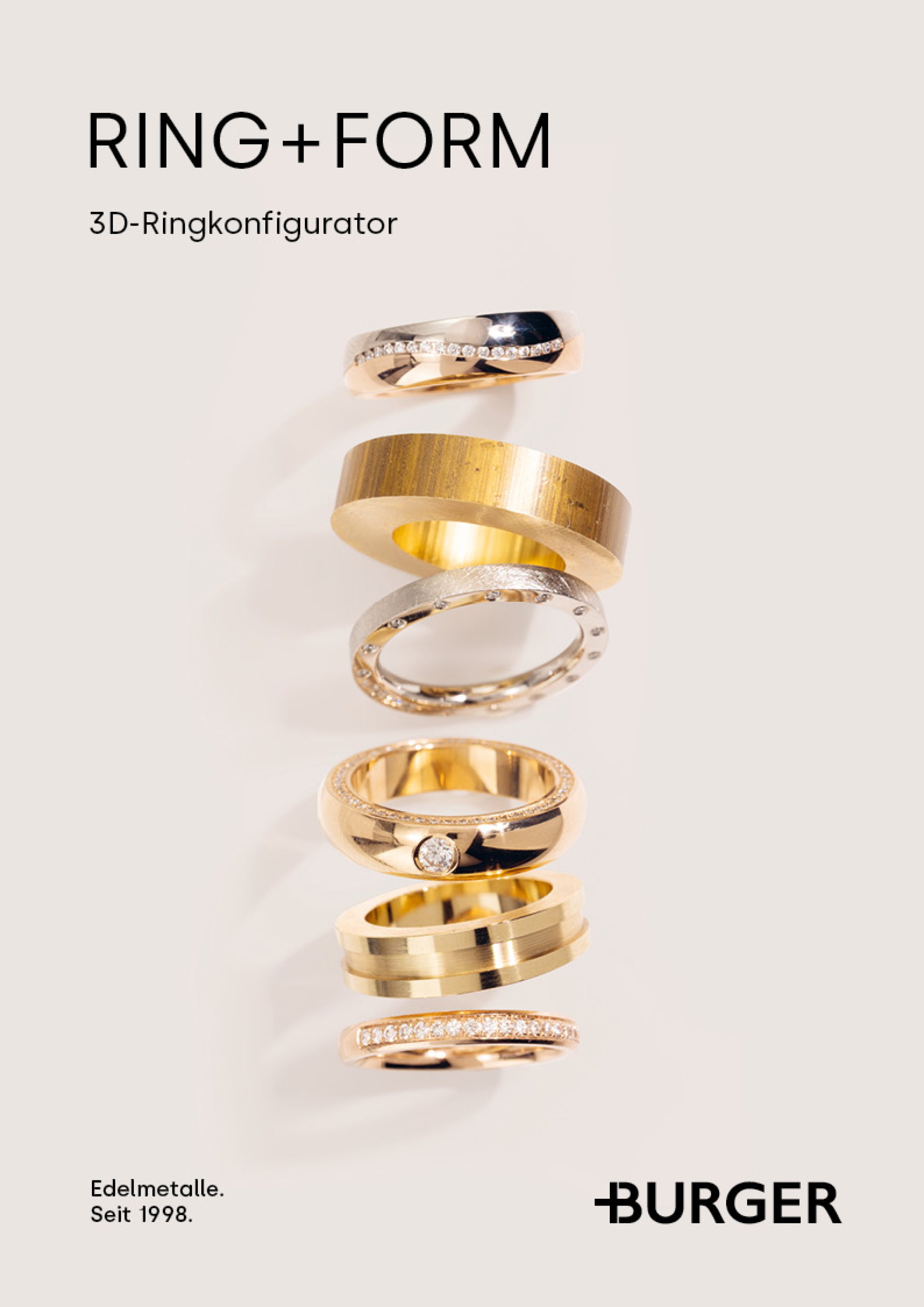 Flyer des Burger 3D-Ringkonfigurators „Ring + Form" mit mehreren gestapelten Gold- und Silberringen in verschiedenen Designs. Der Konfigurator ermöglicht die individuelle Konfiguration von Trauringen und Ringrohlingen.