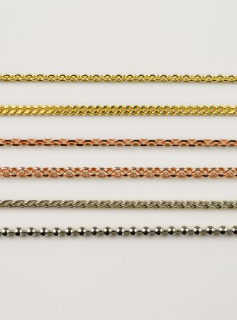 Fünf Edelmetallketten von Burger in Gelbgold, Roségold, Silber und Weißgold mit verschiedenen Kettenstilen auf weißem Hintergrund. Das Sortiment umfasst Ankerketten, Panzerketten und weitere Kettenvarianten als Meterware oder Collier.