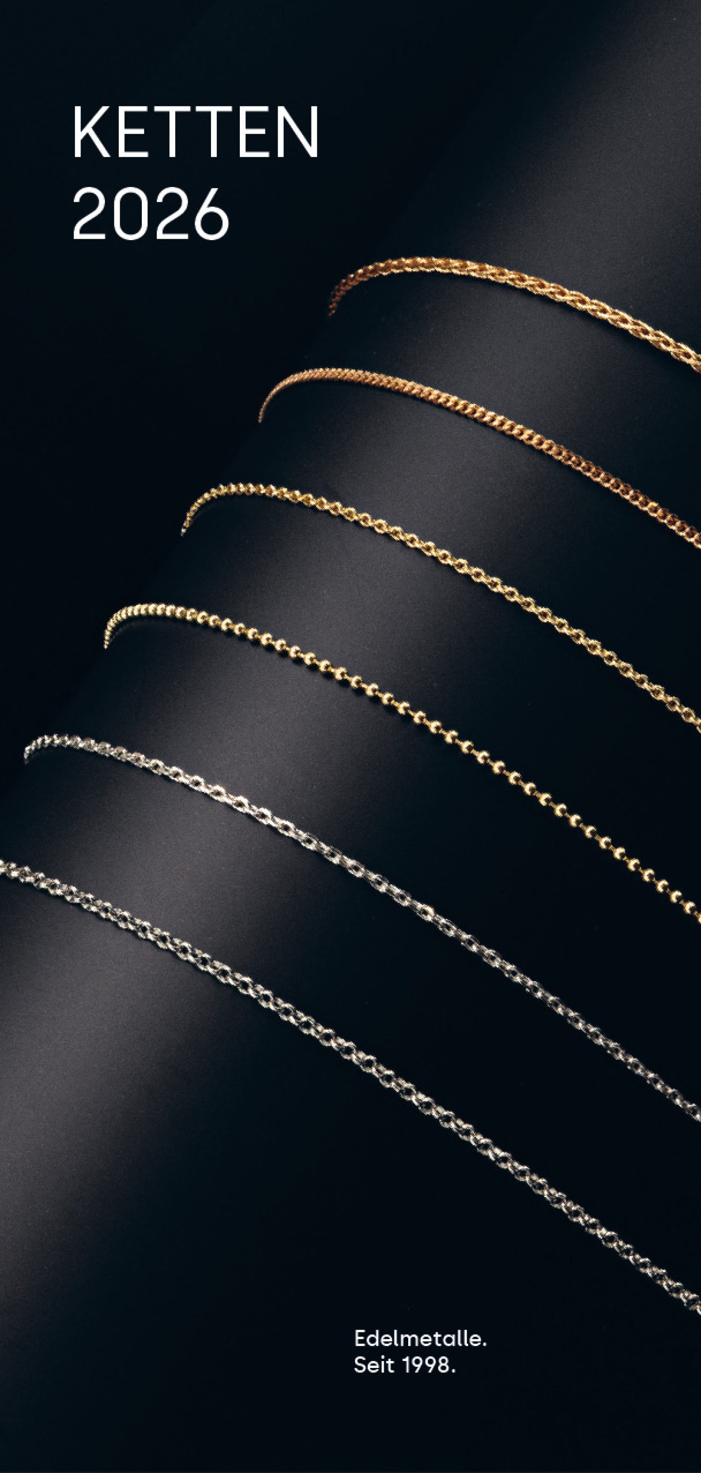Deckblatt des Burger Edelmetalle Ketten-Flyers 2026 mit mehreren Gold- und Silberketten auf dunklem Hintergrund. Das Sortiment umfasst Ankerketten, Panzerketten und weitere Edelmetallketten in verschiedenen Legierungen.